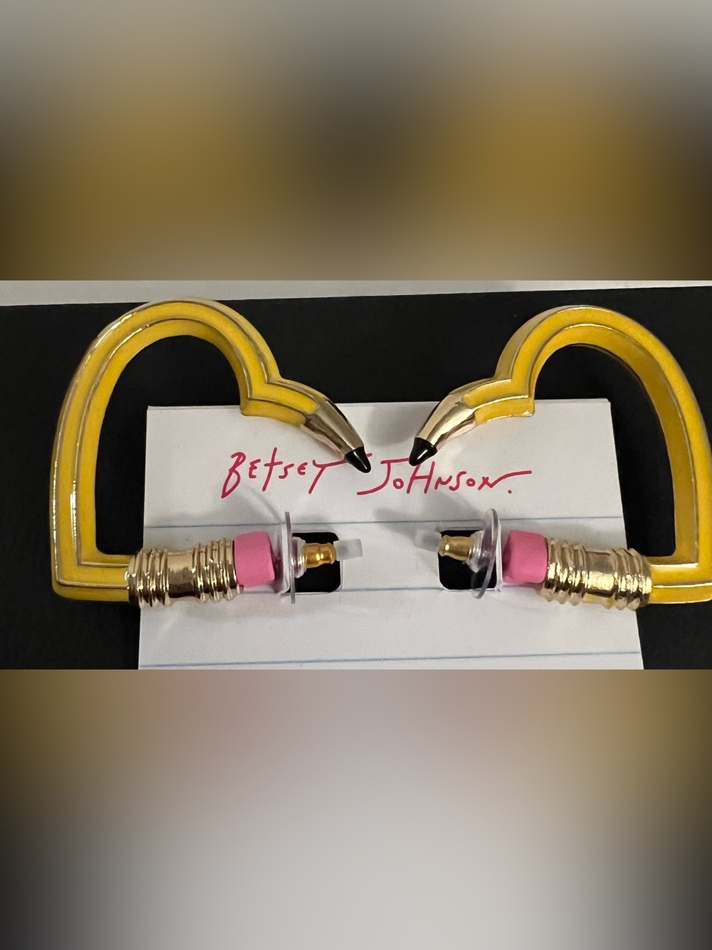 Betsey Johnson Yellow Pencil Heart Hoop Earrings with Pink Eraser - Picture 13 of 16